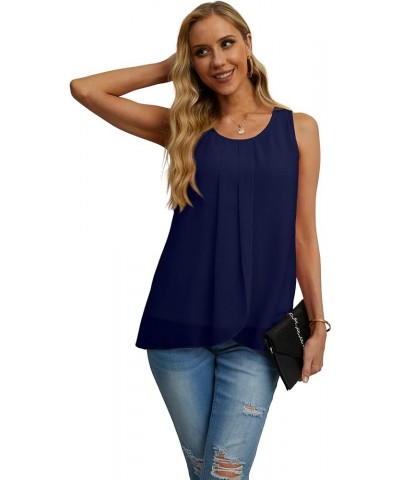 Womens Summer Tank Tops Sleeveless Chiffon Double Layers Blouse Loose Round Neck Casual Shirts 06 Navy Blue $17.99 Tanks