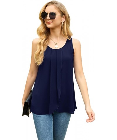 Womens Summer Tank Tops Sleeveless Chiffon Double Layers Blouse Loose Round Neck Casual Shirts 06 Navy Blue $17.99 Tanks