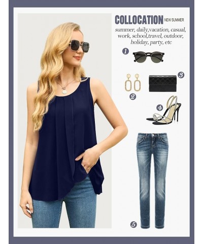 Womens Summer Tank Tops Sleeveless Chiffon Double Layers Blouse Loose Round Neck Casual Shirts 06 Navy Blue $17.99 Tanks