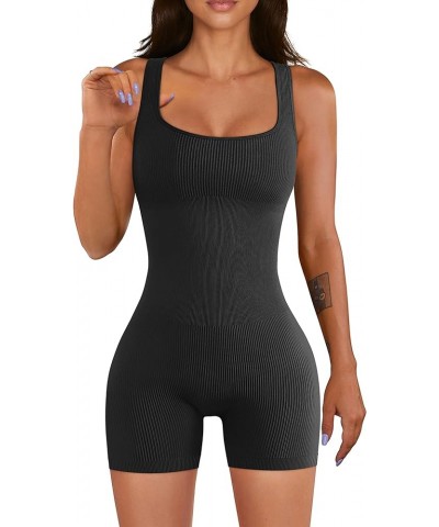 Women Yoga Rompers Workout Ribbed Square Neck Sleeveless Sport Romper Black $14.74 Rompers