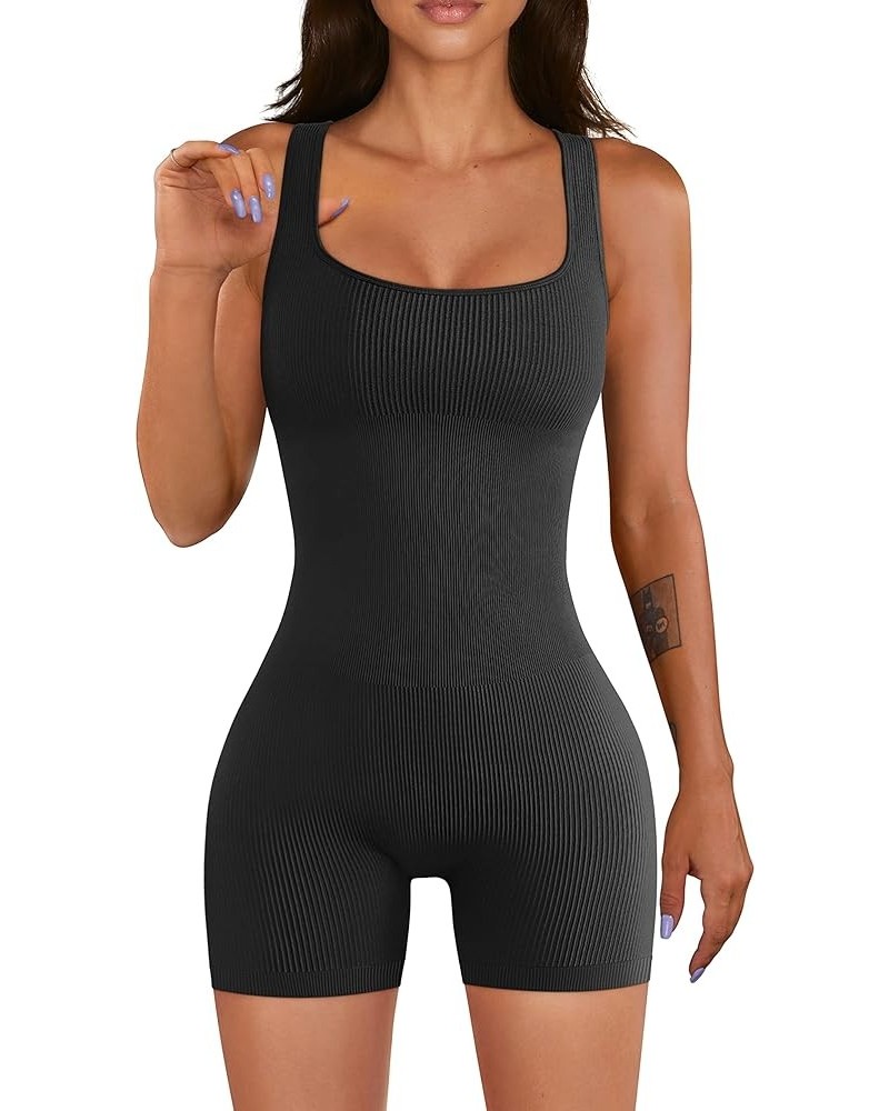 Women Yoga Rompers Workout Ribbed Square Neck Sleeveless Sport Romper Black $14.74 Rompers