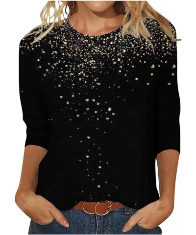 Women 3/4 Sleeves Sequined Shirt Tunic Round Neck Printing Tee Top Shiny Loose Fit T-Shirt Blouse Sparkly Clothes U-658 Black...