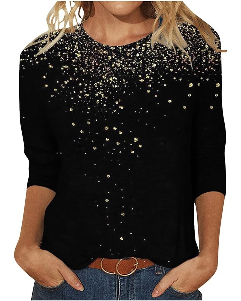 Women 3/4 Sleeves Sequined Shirt Tunic Round Neck Printing Tee Top Shiny Loose Fit T-Shirt Blouse Sparkly Clothes U-658 Black...