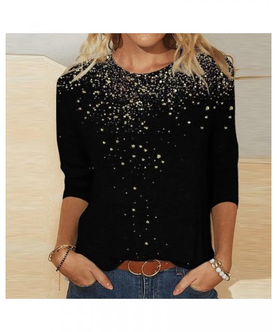 Women 3/4 Sleeves Sequined Shirt Tunic Round Neck Printing Tee Top Shiny Loose Fit T-Shirt Blouse Sparkly Clothes U-658 Black...