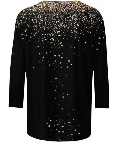 Women 3/4 Sleeves Sequined Shirt Tunic Round Neck Printing Tee Top Shiny Loose Fit T-Shirt Blouse Sparkly Clothes U-658 Black...