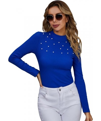 Women's Puff Long Sleeve Stand Collar Keyhole Back Slim Fitted Elegant Blouse Royal Blue $16.32 Blouses