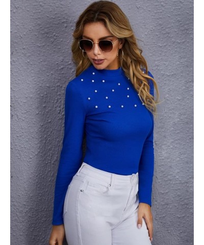 Women's Puff Long Sleeve Stand Collar Keyhole Back Slim Fitted Elegant Blouse Royal Blue $16.32 Blouses