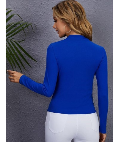 Women's Puff Long Sleeve Stand Collar Keyhole Back Slim Fitted Elegant Blouse Royal Blue $16.32 Blouses