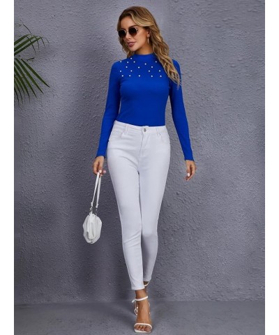 Women's Puff Long Sleeve Stand Collar Keyhole Back Slim Fitted Elegant Blouse Royal Blue $16.32 Blouses