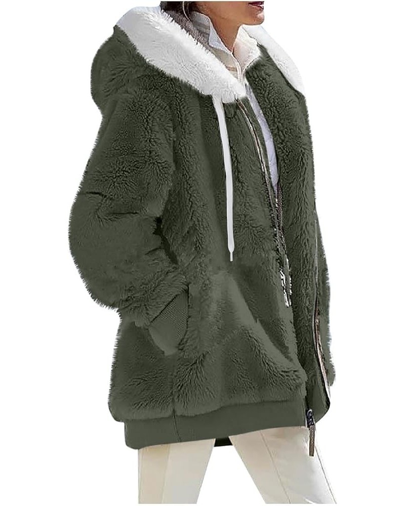 Womens 2023 Winter Fuzzy Fleece Jacket Hooded Color Block Patchwork Cardigan Coats Outerwear wit 09-army Green $13.15 Jackets