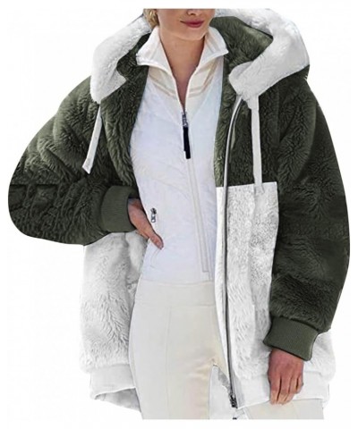 Womens 2023 Winter Fuzzy Fleece Jacket Hooded Color Block Patchwork Cardigan Coats Outerwear wit 09-army Green $13.15 Jackets