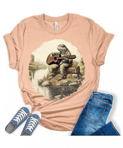 Womens Frog Shirt Cute Frog Playing Guitar Cottagecore T-Shirt Casual Graphic Tee Short Sleeve Top Z - Frog 2 - Heather Peach...