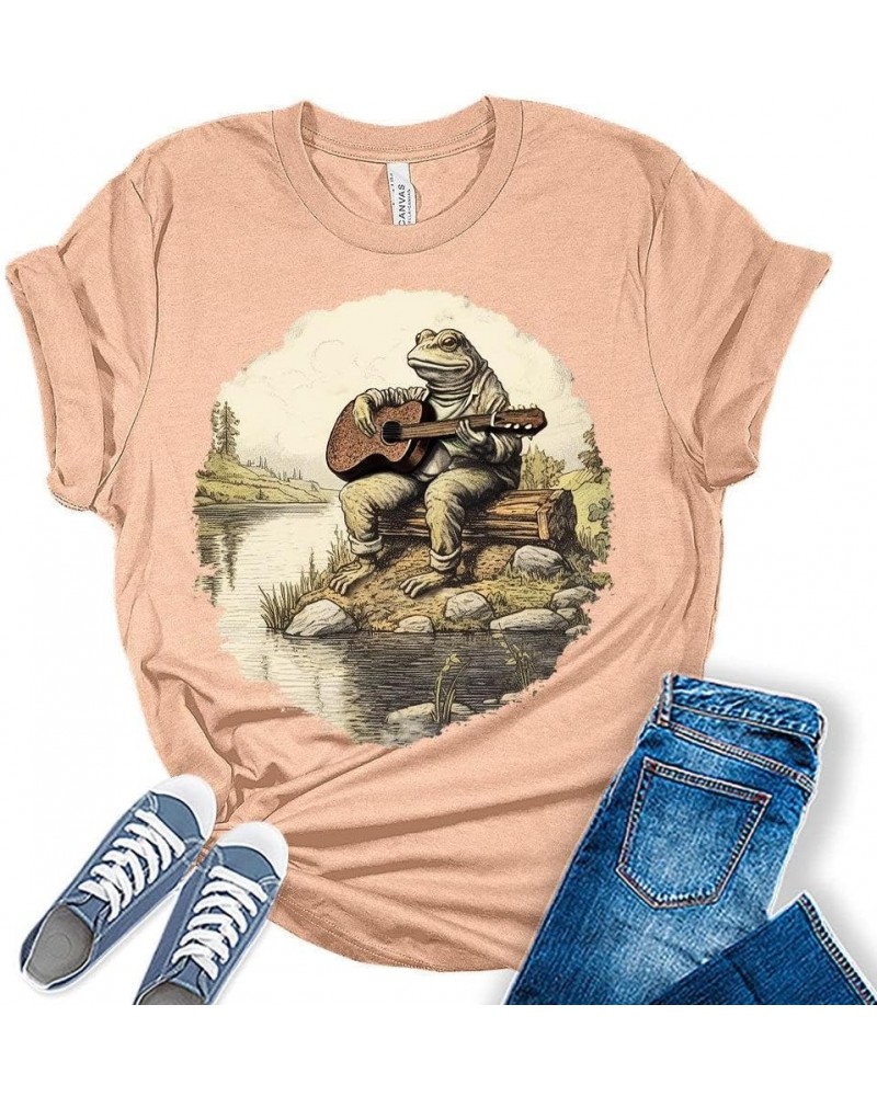 Womens Frog Shirt Cute Frog Playing Guitar Cottagecore T-Shirt Casual Graphic Tee Short Sleeve Top Z - Frog 2 - Heather Peach...