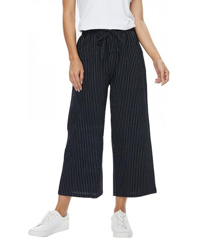 Womens Linen Wide Leg Pants High Waisted Drawstring Baggy Loose Beach Trousers with Pockets Striped-navy $21.44 Pants