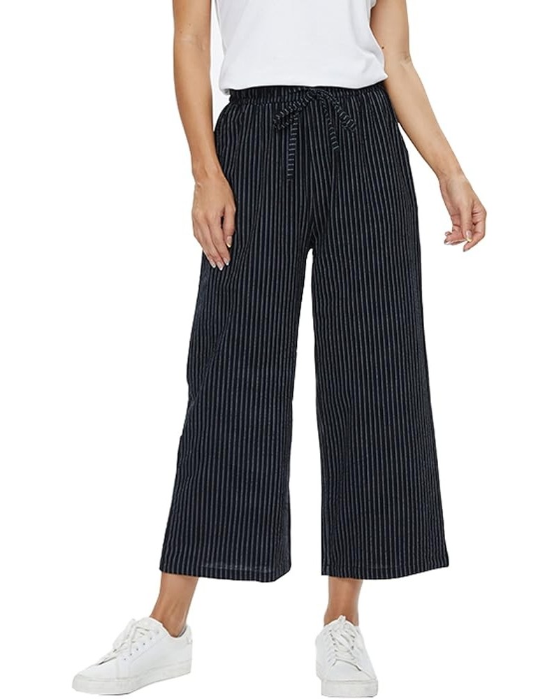 Womens Linen Wide Leg Pants High Waisted Drawstring Baggy Loose Beach Trousers with Pockets Striped-navy $21.44 Pants