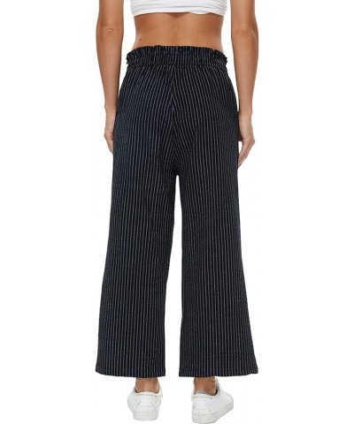 Womens Linen Wide Leg Pants High Waisted Drawstring Baggy Loose Beach Trousers with Pockets Striped-navy $21.44 Pants