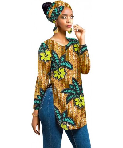 Dashiki for Women Ankara Shirt Tops with Turban Headwrap Earrings + Bracelet Four Pieces Set 713 Long Sleeves $21.17 Suits