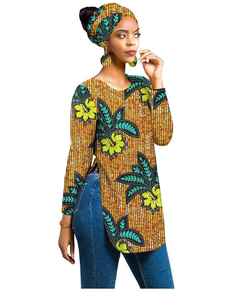 Dashiki for Women Ankara Shirt Tops with Turban Headwrap Earrings + Bracelet Four Pieces Set 713 Long Sleeves $21.17 Suits