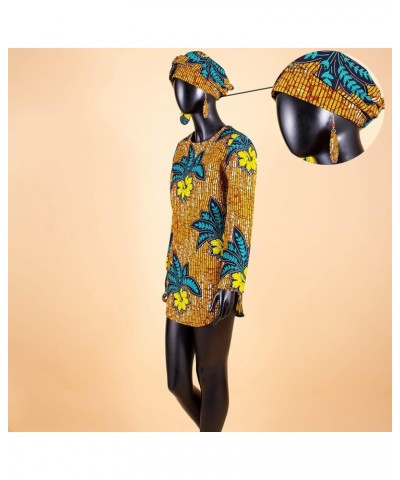 Dashiki for Women Ankara Shirt Tops with Turban Headwrap Earrings + Bracelet Four Pieces Set 713 Long Sleeves $21.17 Suits