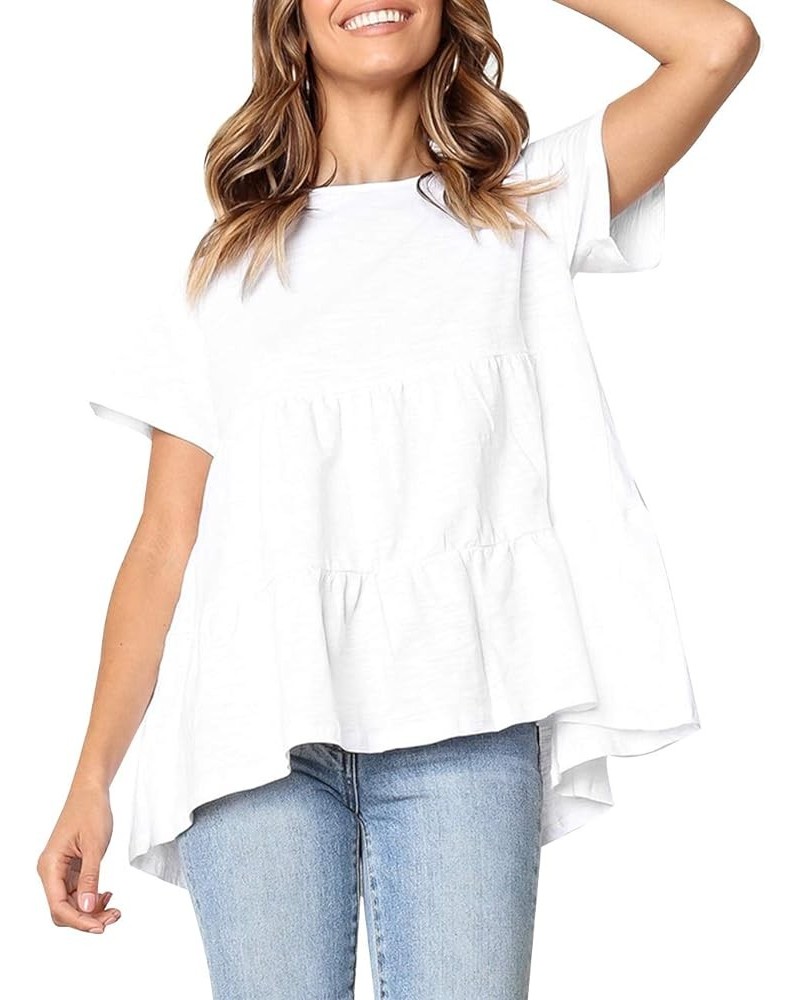 Womens Short Sleeve Casual Loose Blouse High Low Hem Ruffle Peplum T Shirt Tops White $13.91 Blouses