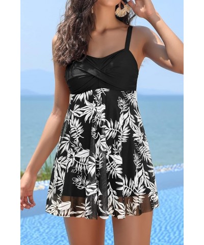 Women's Twist Front One Piece Swimsuit Dress Net Yarn Printing Bathing Suit Black-printing $26.37 Swimsuits