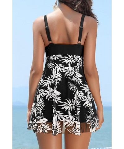 Women's Twist Front One Piece Swimsuit Dress Net Yarn Printing Bathing Suit Black-printing $26.37 Swimsuits