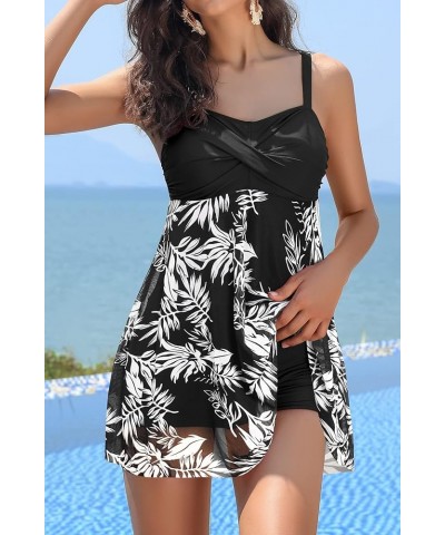 Women's Twist Front One Piece Swimsuit Dress Net Yarn Printing Bathing Suit Black-printing $26.37 Swimsuits