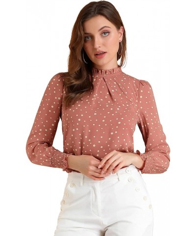 Women's Printed Ruffled Mock Neck Puff Long Sleeve Casual Blouse Top Deep Pink-dotted $12.42 Blouses