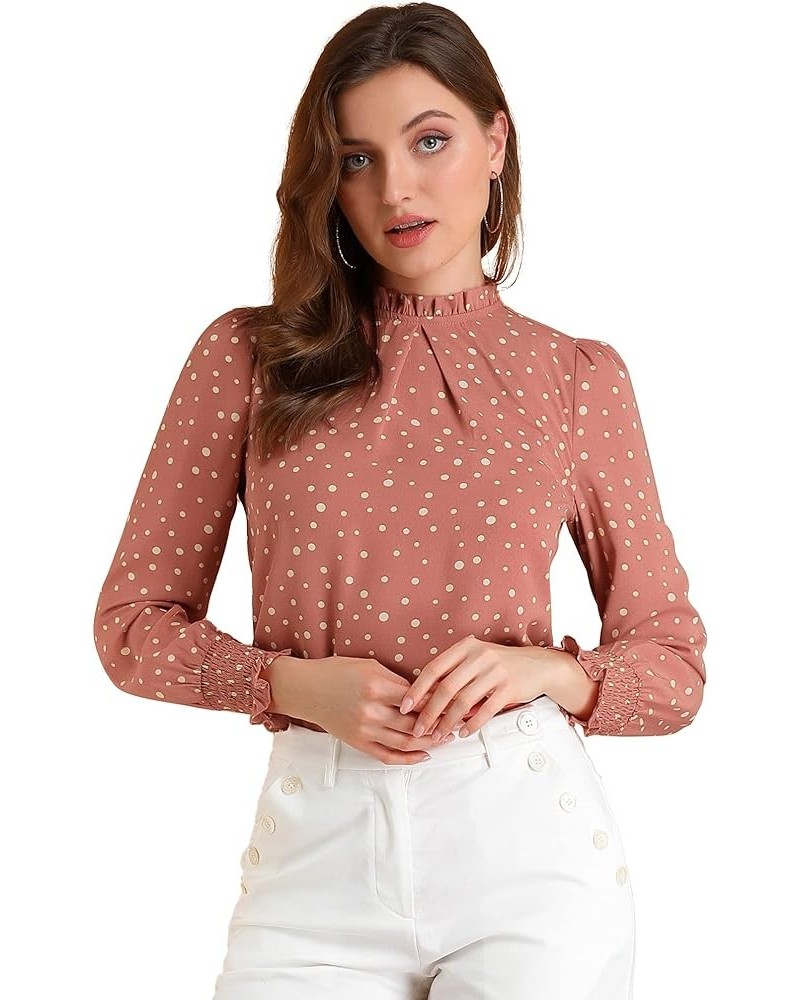 Women's Printed Ruffled Mock Neck Puff Long Sleeve Casual Blouse Top Deep Pink-dotted $12.42 Blouses