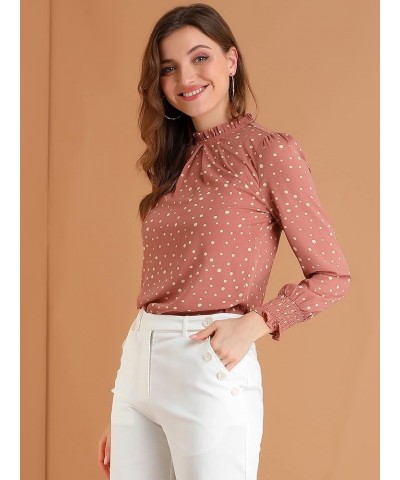 Women's Printed Ruffled Mock Neck Puff Long Sleeve Casual Blouse Top Deep Pink-dotted $12.42 Blouses