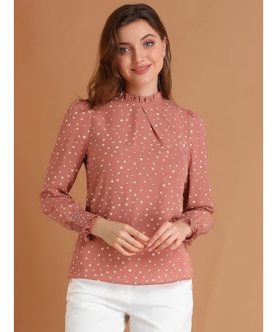 Women's Printed Ruffled Mock Neck Puff Long Sleeve Casual Blouse Top Deep Pink-dotted $12.42 Blouses