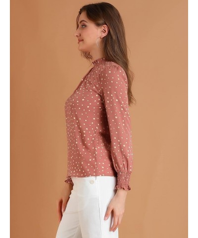 Women's Printed Ruffled Mock Neck Puff Long Sleeve Casual Blouse Top Deep Pink-dotted $12.42 Blouses