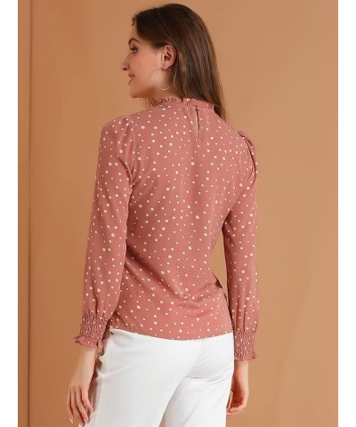 Women's Printed Ruffled Mock Neck Puff Long Sleeve Casual Blouse Top Deep Pink-dotted $12.42 Blouses