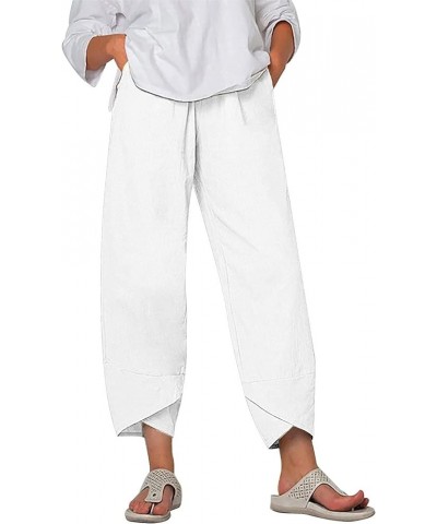 Women's Cotton Linen Capri Pants with Pockets Casual High Waist Wide Leg Trousers Trendy Y2K Pants S-5XL White $14.10 Pants