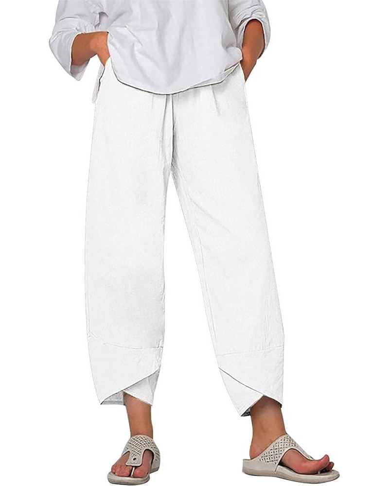 Women's Cotton Linen Capri Pants with Pockets Casual High Waist Wide Leg Trousers Trendy Y2K Pants S-5XL White $14.10 Pants