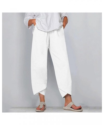 Women's Cotton Linen Capri Pants with Pockets Casual High Waist Wide Leg Trousers Trendy Y2K Pants S-5XL White $14.10 Pants