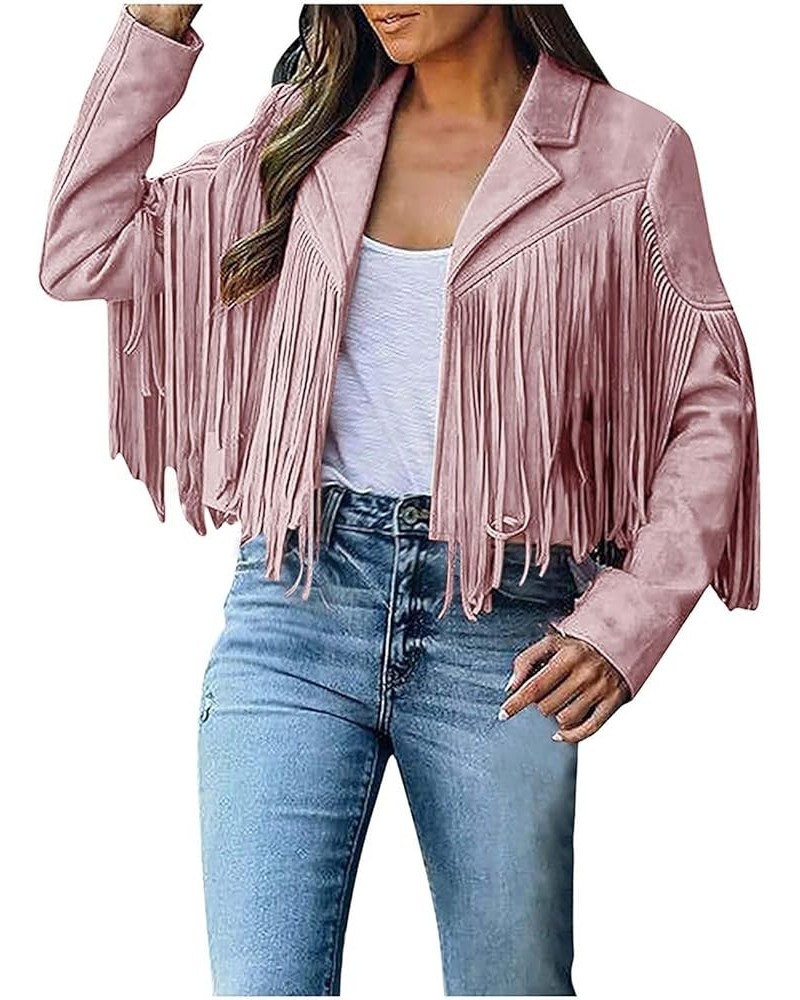 Fringe Jacket Women Western Faux Suede Leather Cardigan Jacket Cowboy Style Long Sleeve Solid Color Tassels Coat Fringe Jacke...