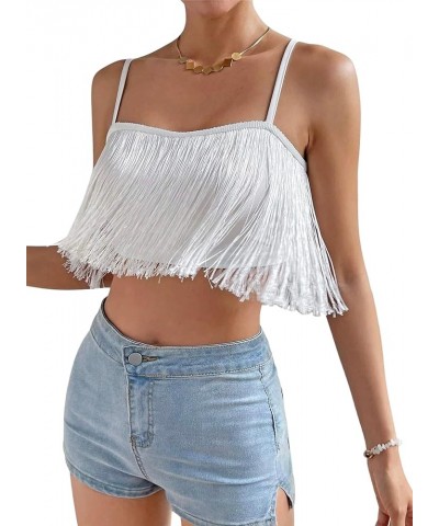 Womens Fringe Tank Tops - Festival Solid Tassel Hem Crop Cami Sleeveless Country Concert Outfits Boho Rave Shirts White $7.77...