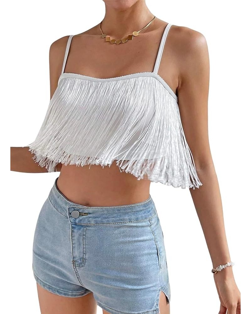 Womens Fringe Tank Tops - Festival Solid Tassel Hem Crop Cami Sleeveless Country Concert Outfits Boho Rave Shirts White $7.77...