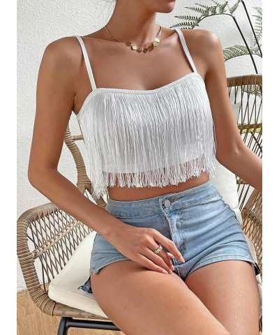 Womens Fringe Tank Tops - Festival Solid Tassel Hem Crop Cami Sleeveless Country Concert Outfits Boho Rave Shirts White $7.77...