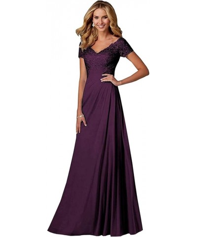 Chiffon Mother of The Bride Dresses Long Lace Appliques V-Neck Pleat Mother Bride Dresses for Wedding with Sleeves Plum $37.2...