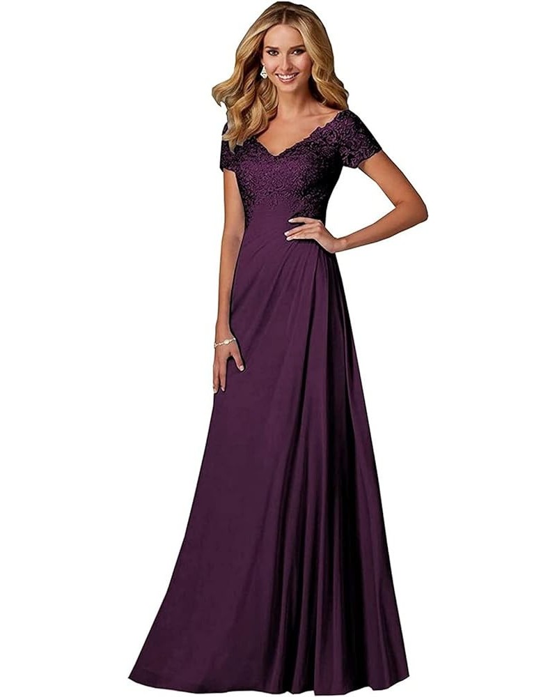 Chiffon Mother of The Bride Dresses Long Lace Appliques V-Neck Pleat Mother Bride Dresses for Wedding with Sleeves Plum $37.2...