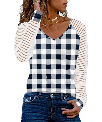 Womens Long Sleeve Tunic Tops Patchwork Sleeve Casual V Neck Loose Blouses Trendy 2023 E-plaid 1 $13.74 Tops