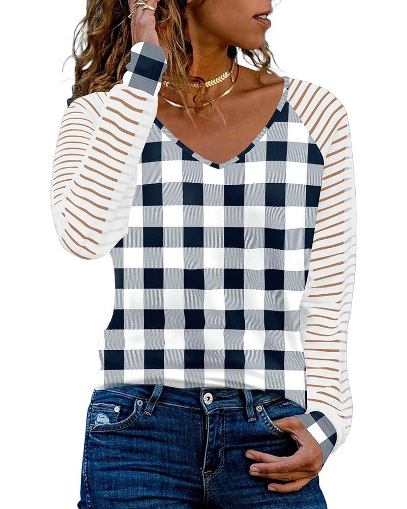 Womens Long Sleeve Tunic Tops Patchwork Sleeve Casual V Neck Loose Blouses Trendy 2023 E-plaid 1 $13.74 Tops