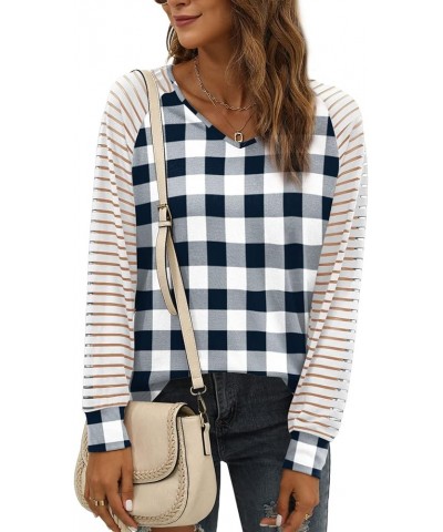 Womens Long Sleeve Tunic Tops Patchwork Sleeve Casual V Neck Loose Blouses Trendy 2023 E-plaid 1 $13.74 Tops