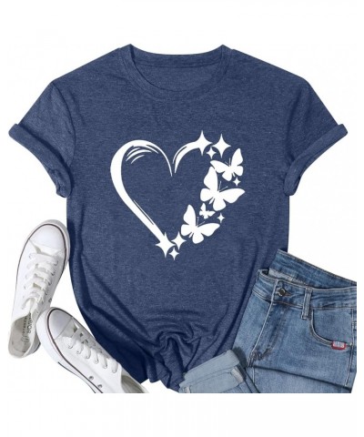 Butterfly T-Shirt Womens Cute Heart Graphic Shirt Summer Crewneck Short-Sleeved Tee Top Blue $10.80 T-Shirts