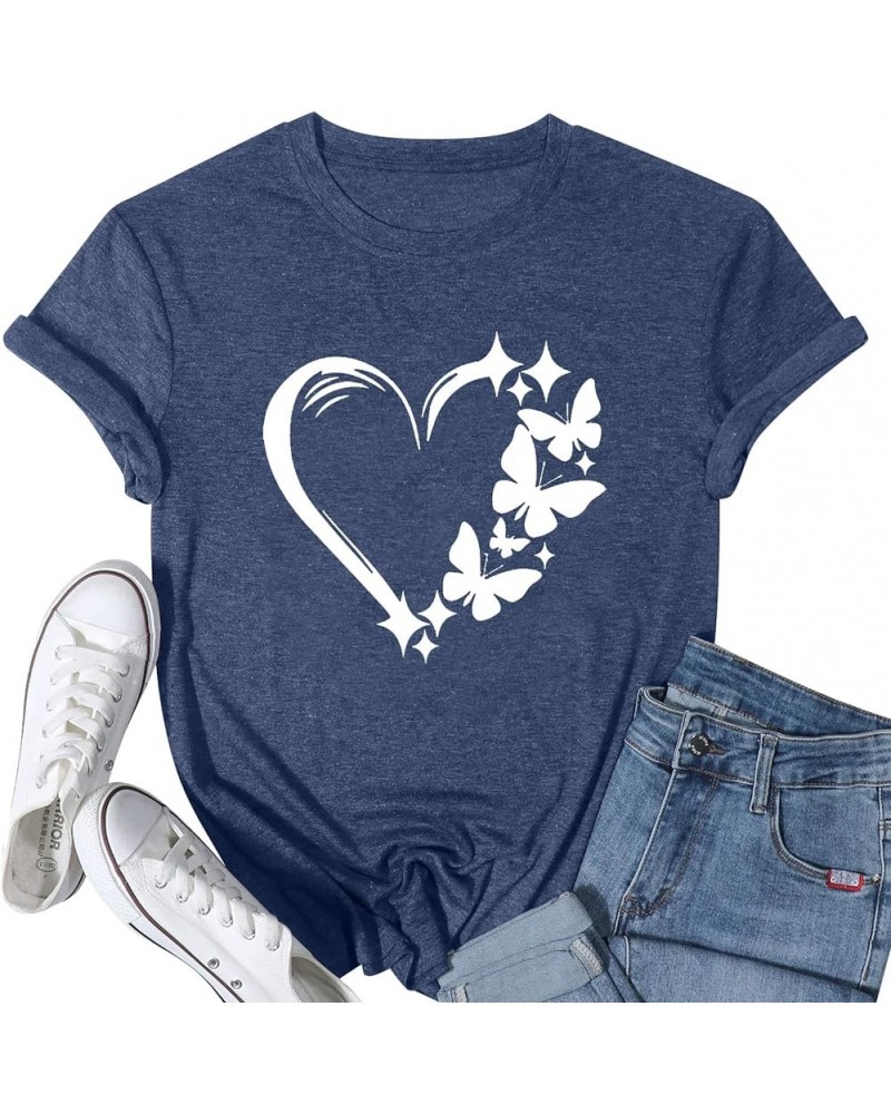 Butterfly T-Shirt Womens Cute Heart Graphic Shirt Summer Crewneck Short-Sleeved Tee Top Blue $10.80 T-Shirts