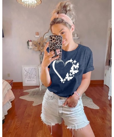 Butterfly T-Shirt Womens Cute Heart Graphic Shirt Summer Crewneck Short-Sleeved Tee Top Blue $10.80 T-Shirts