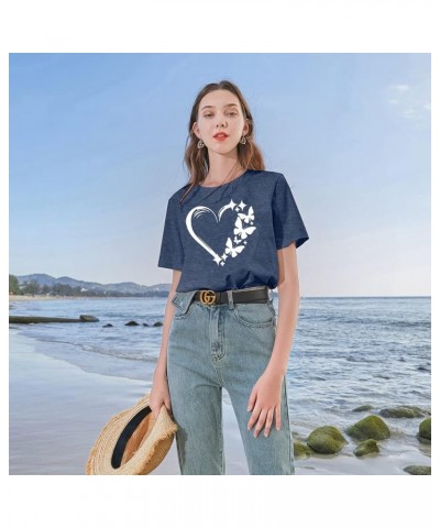 Butterfly T-Shirt Womens Cute Heart Graphic Shirt Summer Crewneck Short-Sleeved Tee Top Blue $10.80 T-Shirts