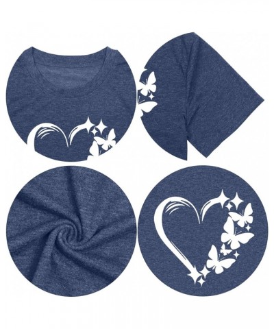 Butterfly T-Shirt Womens Cute Heart Graphic Shirt Summer Crewneck Short-Sleeved Tee Top Blue $10.80 T-Shirts